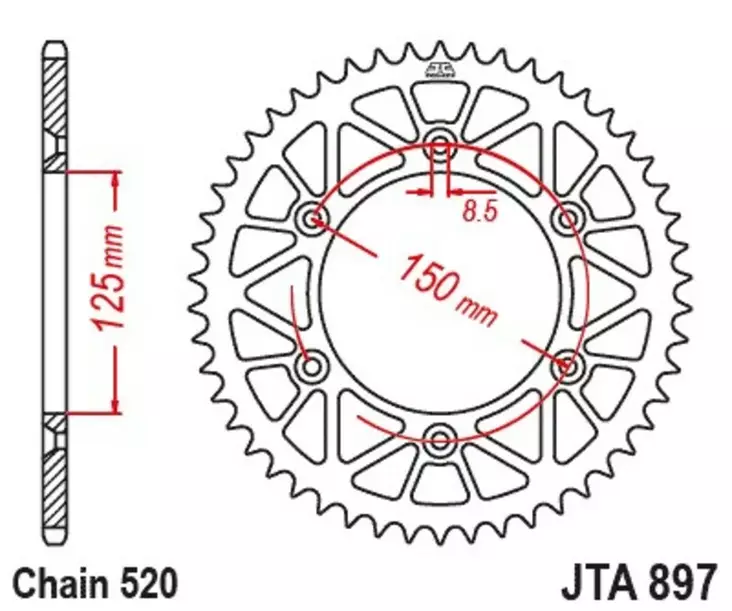 Takaratas JT Sprockets Racelite Aluminium 520, 47T, Musta, KTM SX/SXF - MX Takarattaat - 4073 - 1