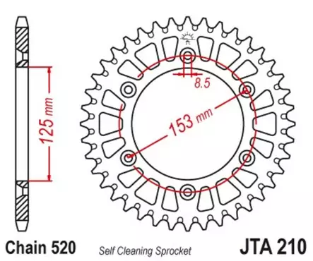 Takaratas JT Sprockets Alu Standard, Punainen, 52T, Beta RR/Honda CR/CRF - MX Ketjut ja rattaat - 5118 - 2